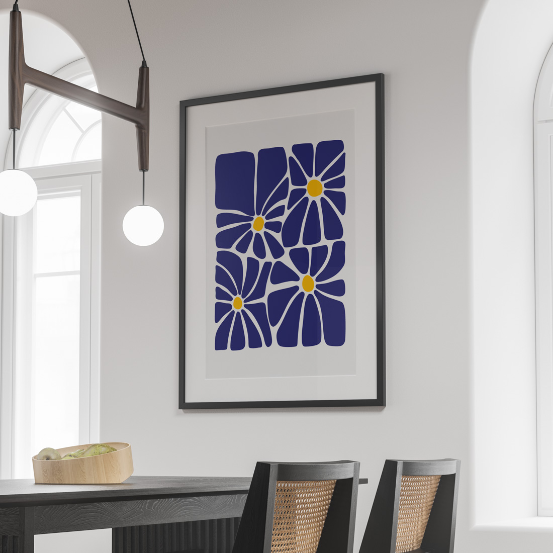 Affiche fleurs abstraites bleu marine et jaune moutarde