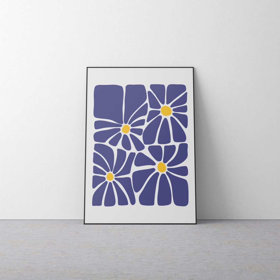 Affiche fleurs abstraites bleu marine et jaune moutarde